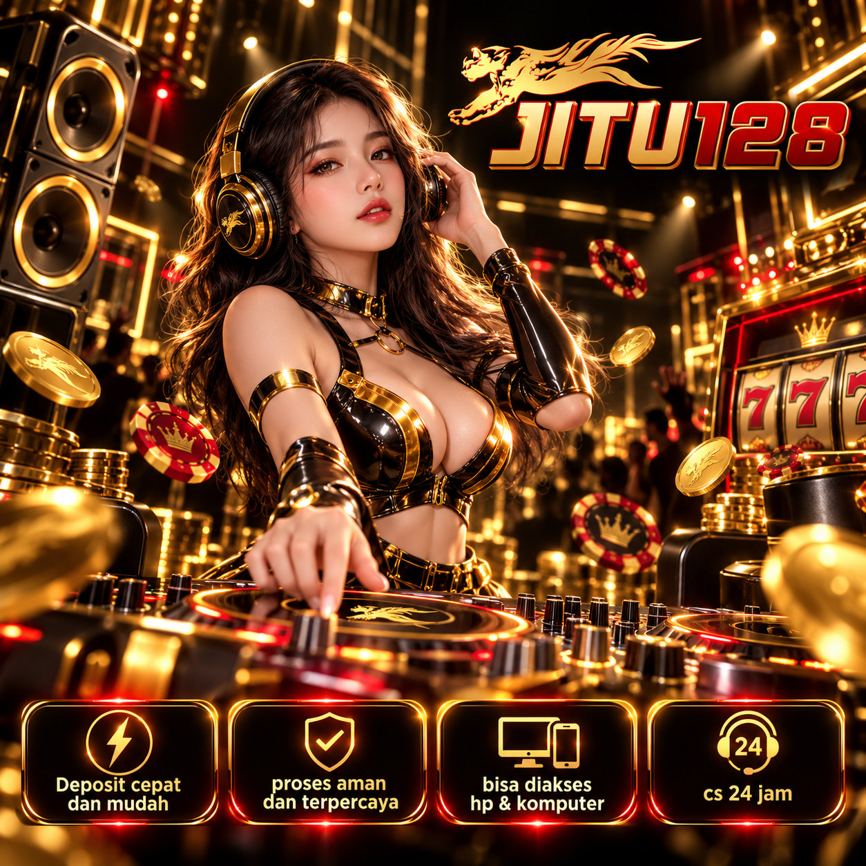Poster JITU128 menampilkan DJ dan panggung cahaya hitam emas